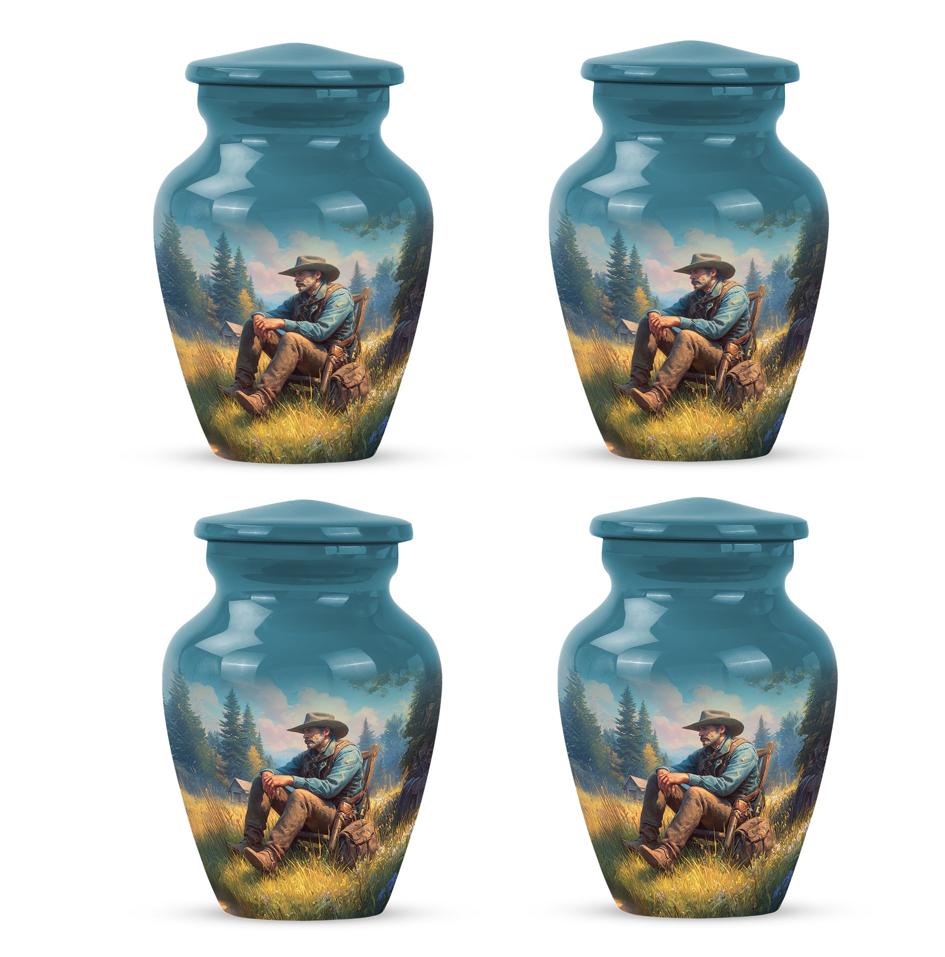 Ocean Teal Cowboy Cremation Urn side profile showing urn shape - classic sculpted cowboy pattern on smooth aluminum - 10 inch aluminum urn for cremated remains