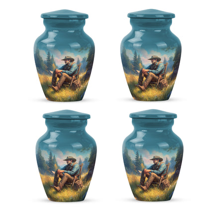 Ocean Teal Cowboy Cremation Urn side profile showing urn shape - classic sculpted cowboy pattern on smooth aluminum - 10 inch aluminum urn for cremated remains