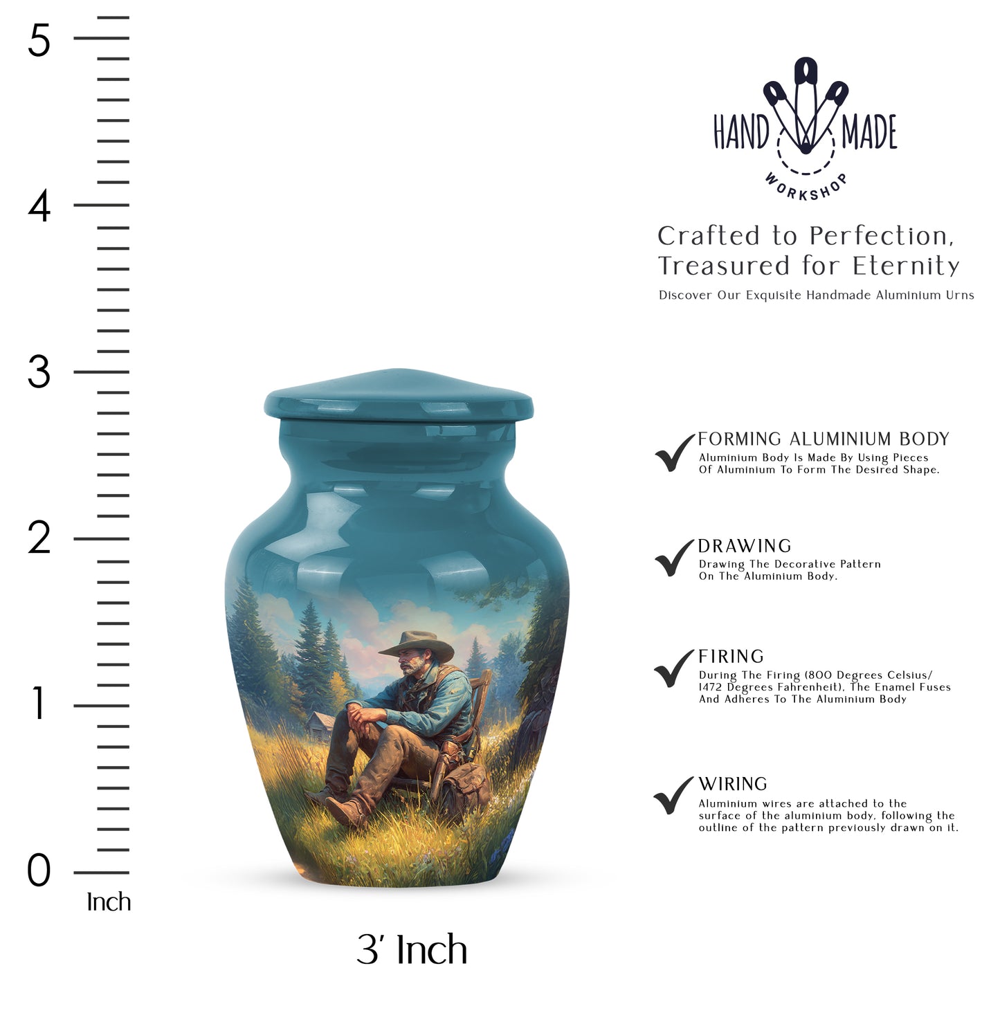 Vivid Teal Cowboy Cremation Urn close-up of engraving and surface detail - elegant classic cowboy relief with fine detailing - mini keepsake memorial for portion of cremation ashes