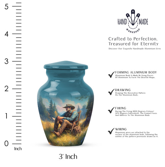 Vivid Teal Cowboy Cremation Urn close-up of engraving and surface detail - elegant classic cowboy relief with fine detailing - mini keepsake memorial for portion of cremation ashes