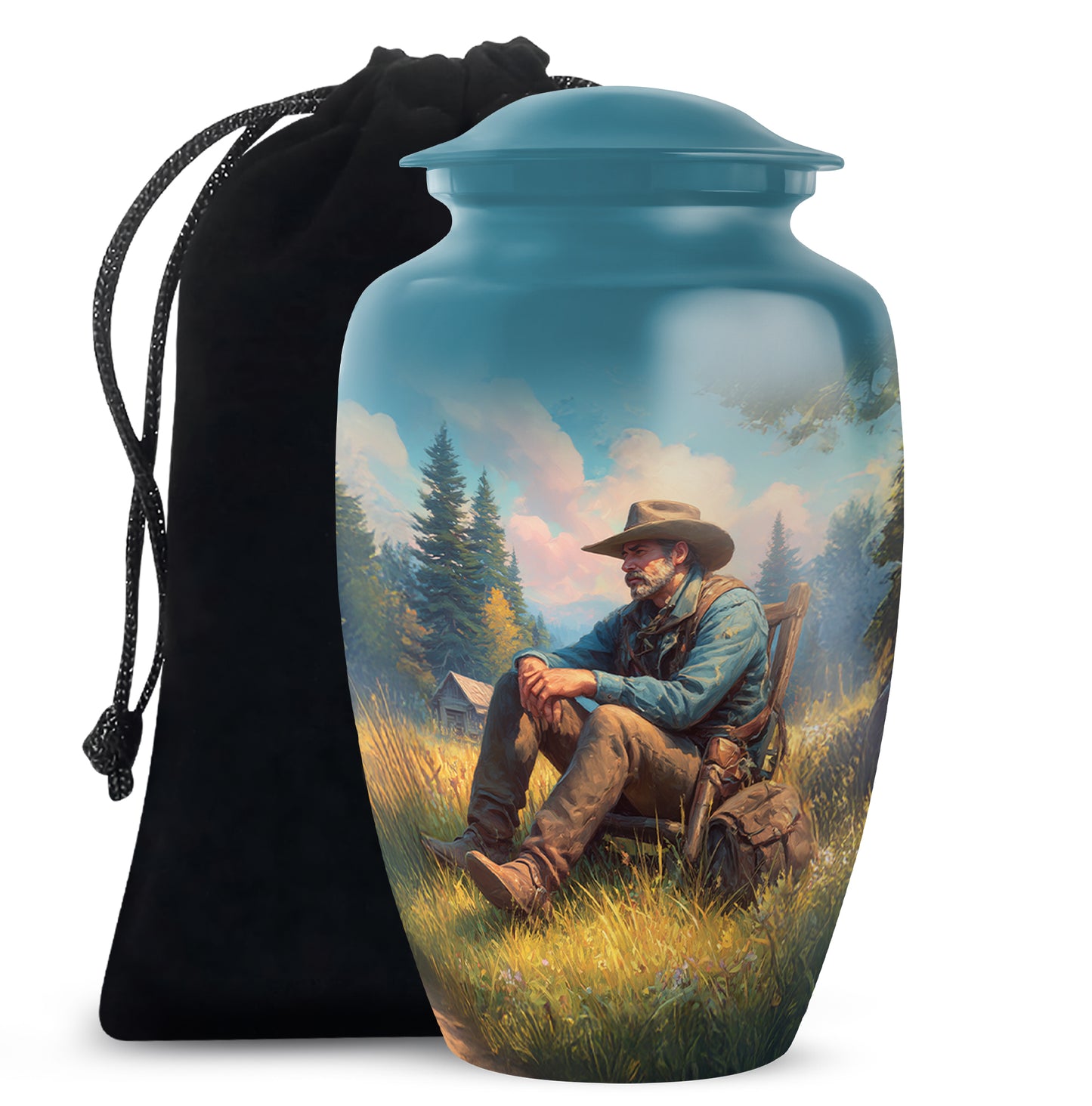 Cool Teal Cowboy Cremation Urn angled view of lid and engraved motif - classic sculpted cowboy pattern on smooth aluminum - full-size 10 inch 200 cubic inch adult cremation urn