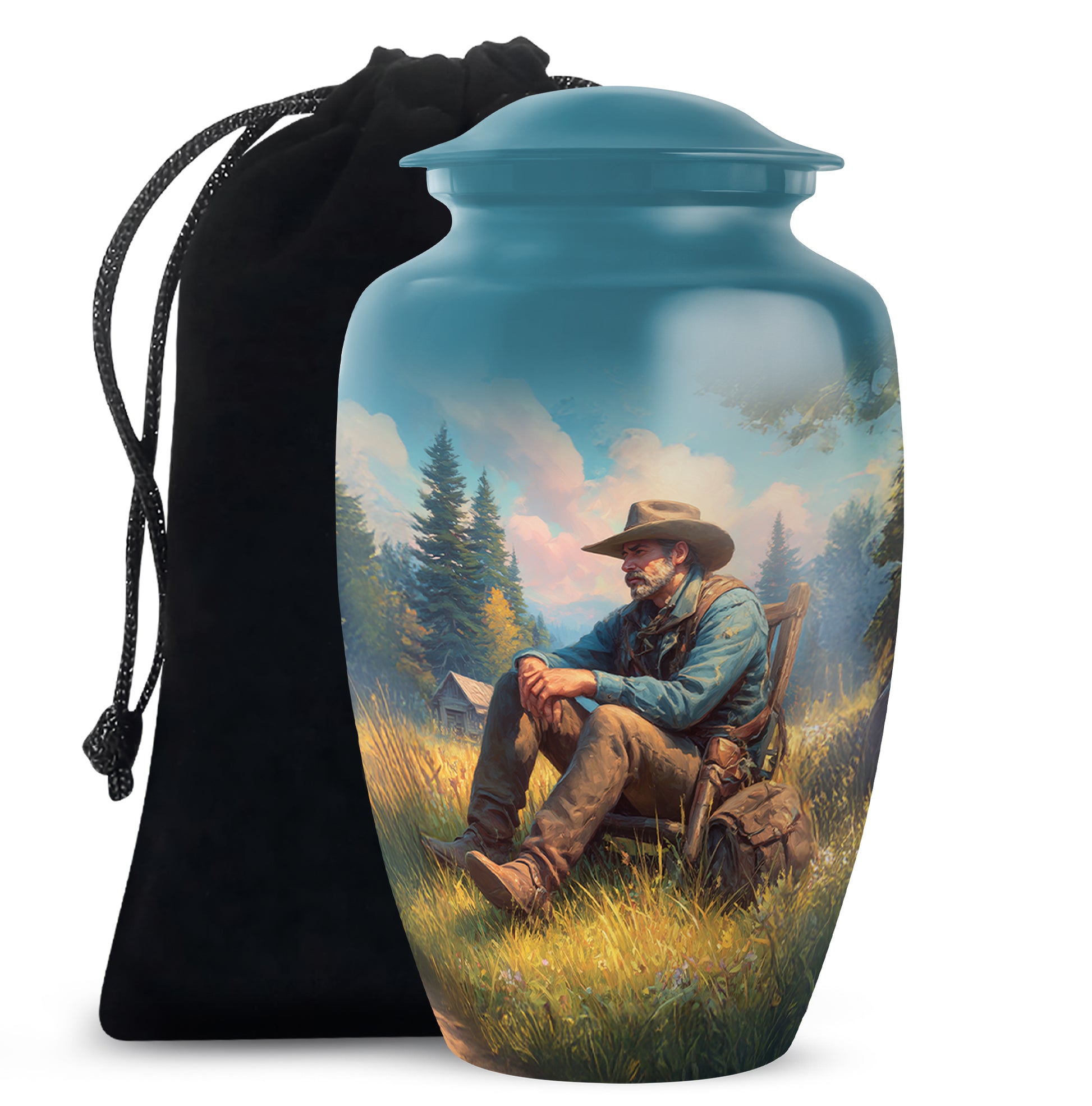 Cool Teal Cowboy Cremation Urn angled view of lid and engraved motif - classic sculpted cowboy pattern on smooth aluminum - full-size 10 inch 200 cubic inch adult cremation urn