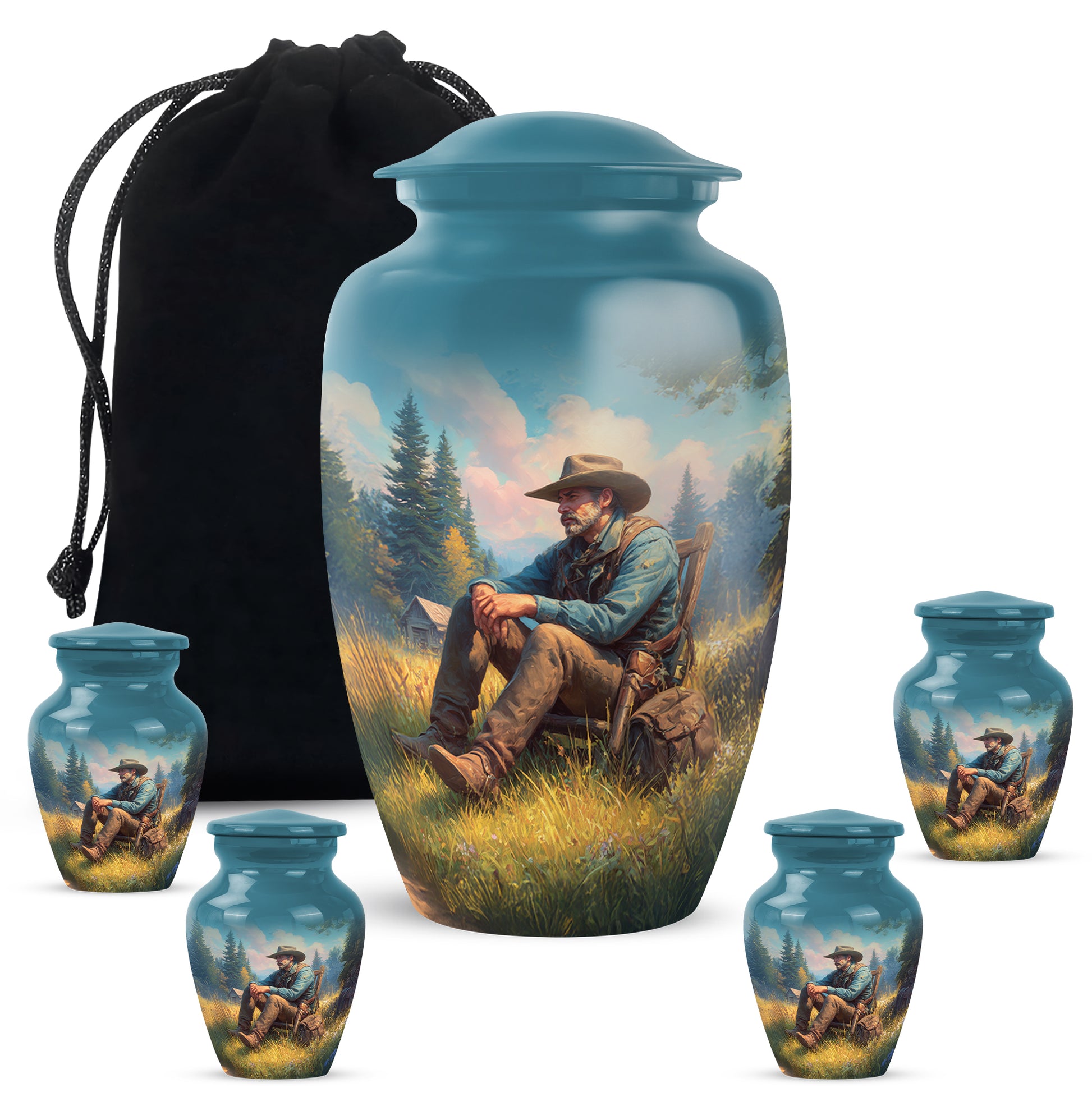 Deep Teal Cowboy Cremation Urn top-down view of secure threaded lid - elegant classic cowboy relief with fine detailing - memorial set with one large and four small urns