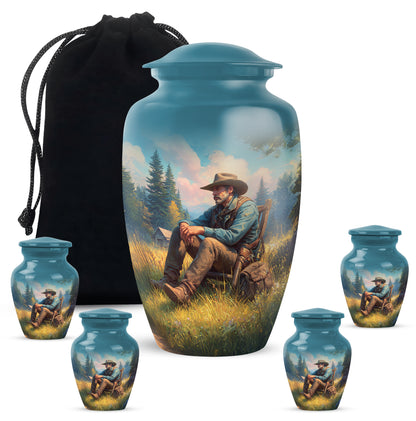 Deep Teal Cowboy Cremation Urn top-down view of secure threaded lid - elegant classic cowboy relief with fine detailing - memorial set with one large and four small urns