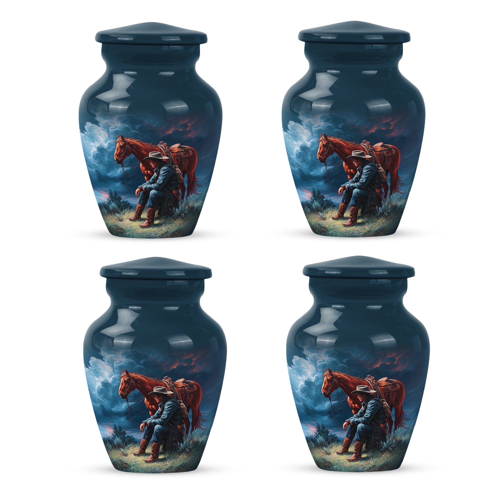 Misty Blue Cowboy Cremation Urn side profile showing urn shape - classic sculpted cowboy pattern on smooth aluminum - 10 inch aluminum urn for cremated remains