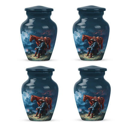 Misty Blue Cowboy Cremation Urn side profile showing urn shape - classic sculpted cowboy pattern on smooth aluminum - 10 inch aluminum urn for cremated remains