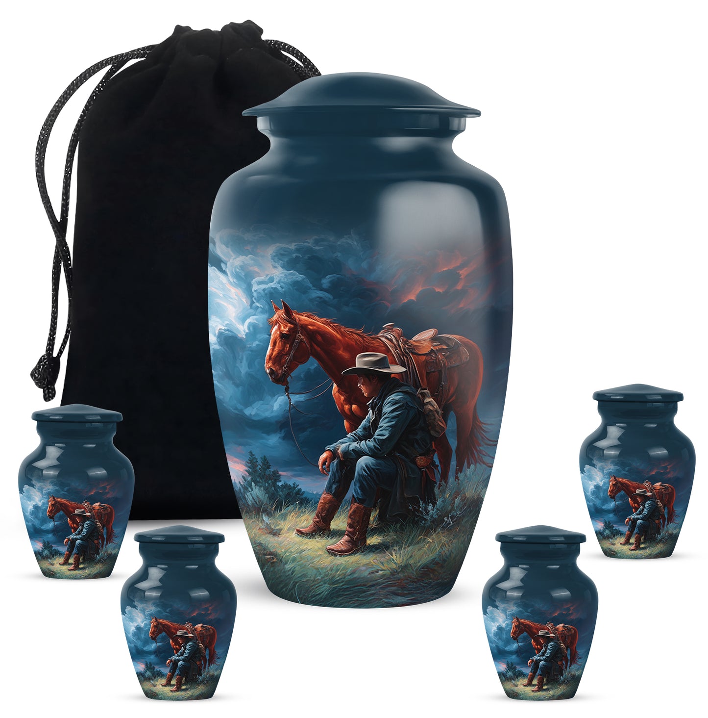 Celestial Blue Cowboy Cremation Urn top-down view of secure threaded lid - timeless cowboy motif etched into premium metal - memorial set with one large and four small urns