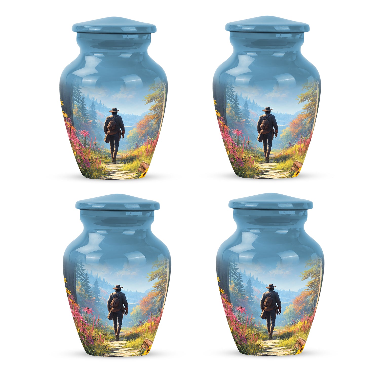 Royal Blue Cowboy Cremation Urn side profile showing urn shape - traditional cowboy engraving with hand-polished finish - 10 inch aluminum urn for cremated remains
