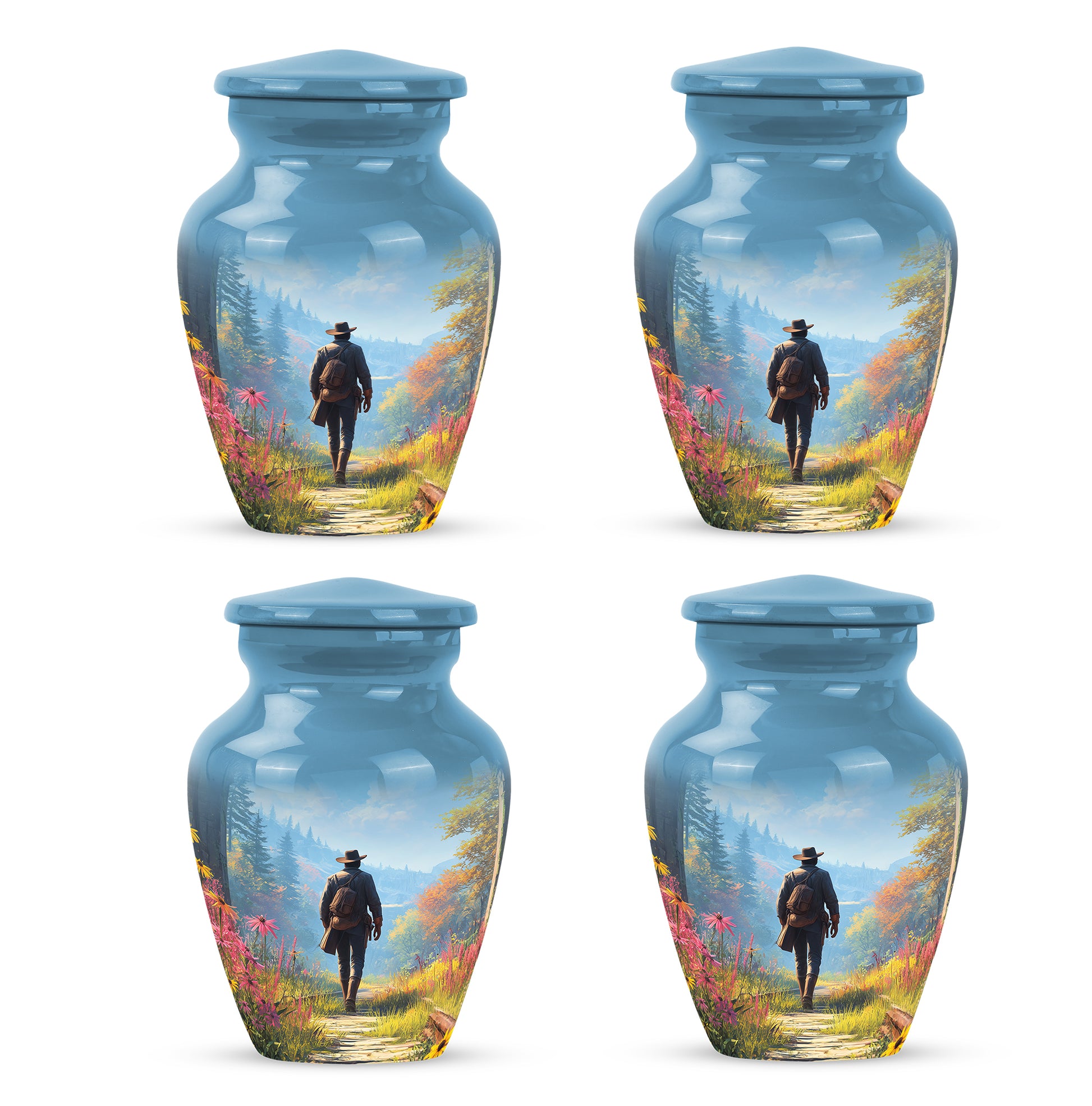 Royal Blue Cowboy Cremation Urn side profile showing urn shape - traditional cowboy engraving with hand-polished finish - 10 inch aluminum urn for cremated remains