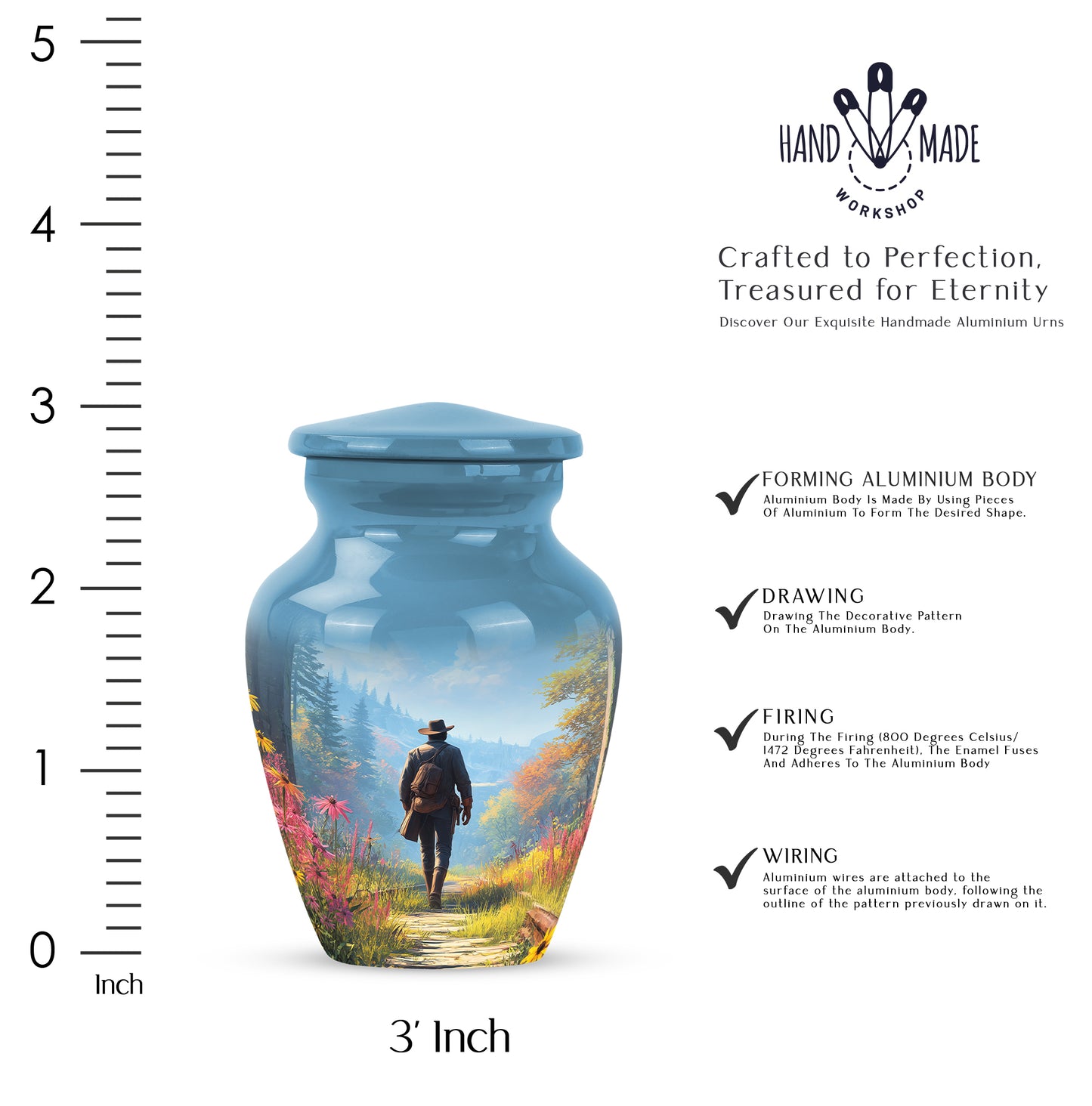 Cornflower Blue Cowboy Cremation Urn close-up of engraving and surface detail - traditional cowboy engraving with hand-polished finish - mini keepsake memorial for portion of cremation ashes