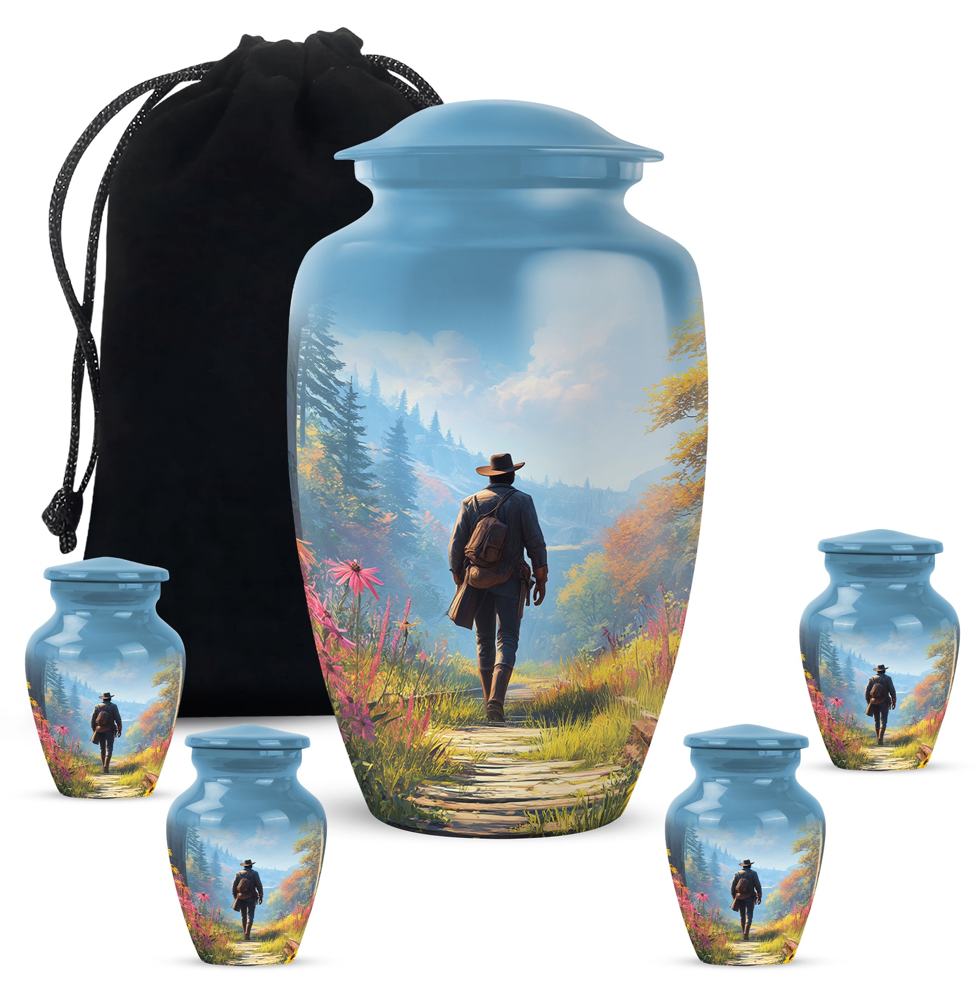 Powder Blue Cowboy Cremation Urn top-down view of secure threaded lid - timeless cowboy motif etched into premium metal - memorial set with one large and four small urns
