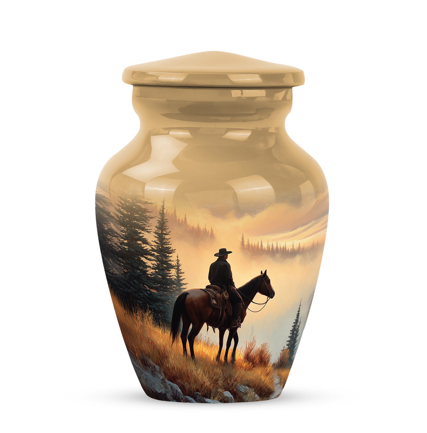 Luminous Gold Cowboy Keepsake Urn for Human Ashes - 10-inch, 200 cu in - Yatskia
