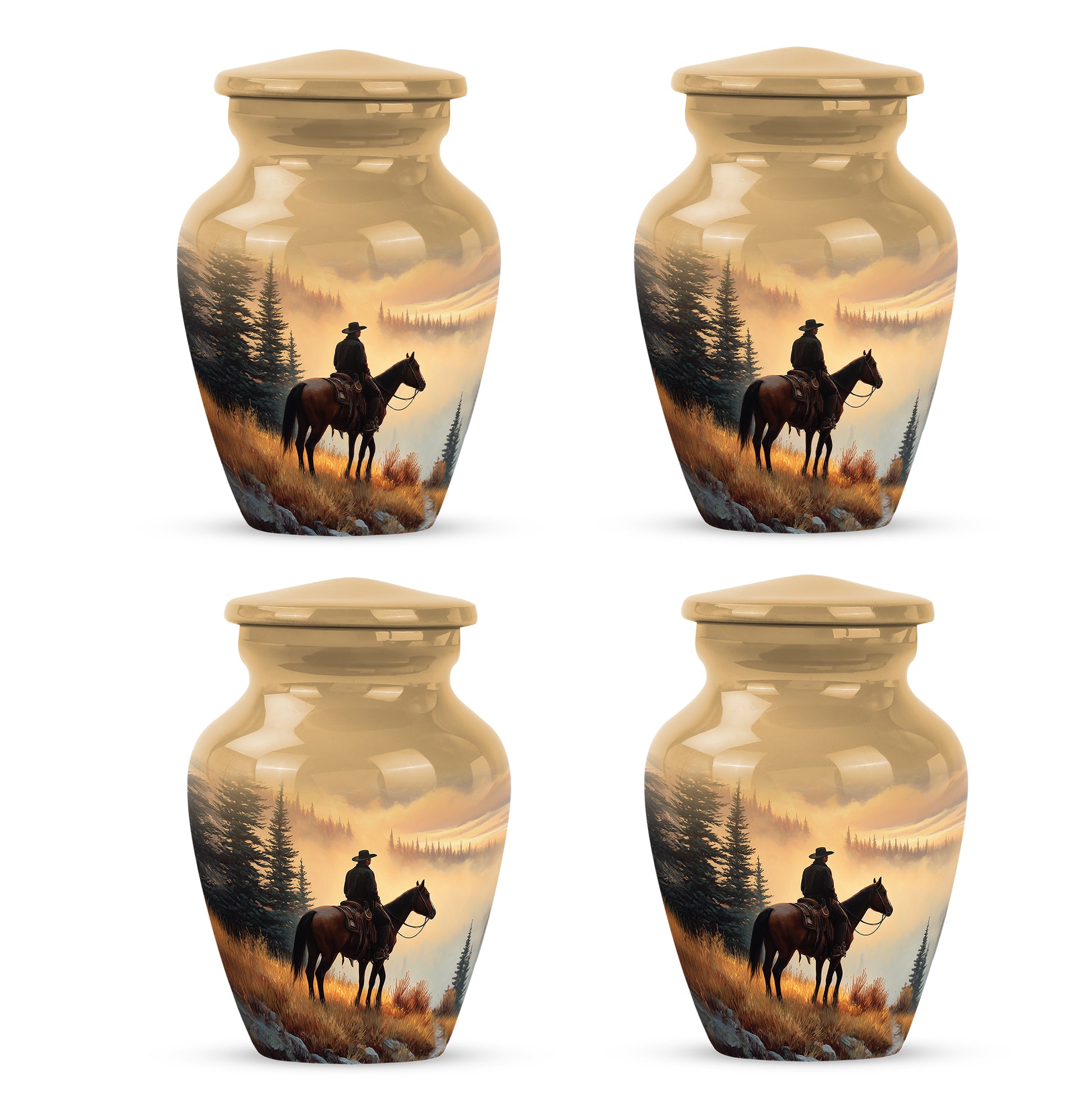 Champagne Gold Cowboy Cremation Urn side profile showing urn shape - classic sculpted cowboy pattern on smooth aluminum - 10 inch aluminum urn for cremated remains