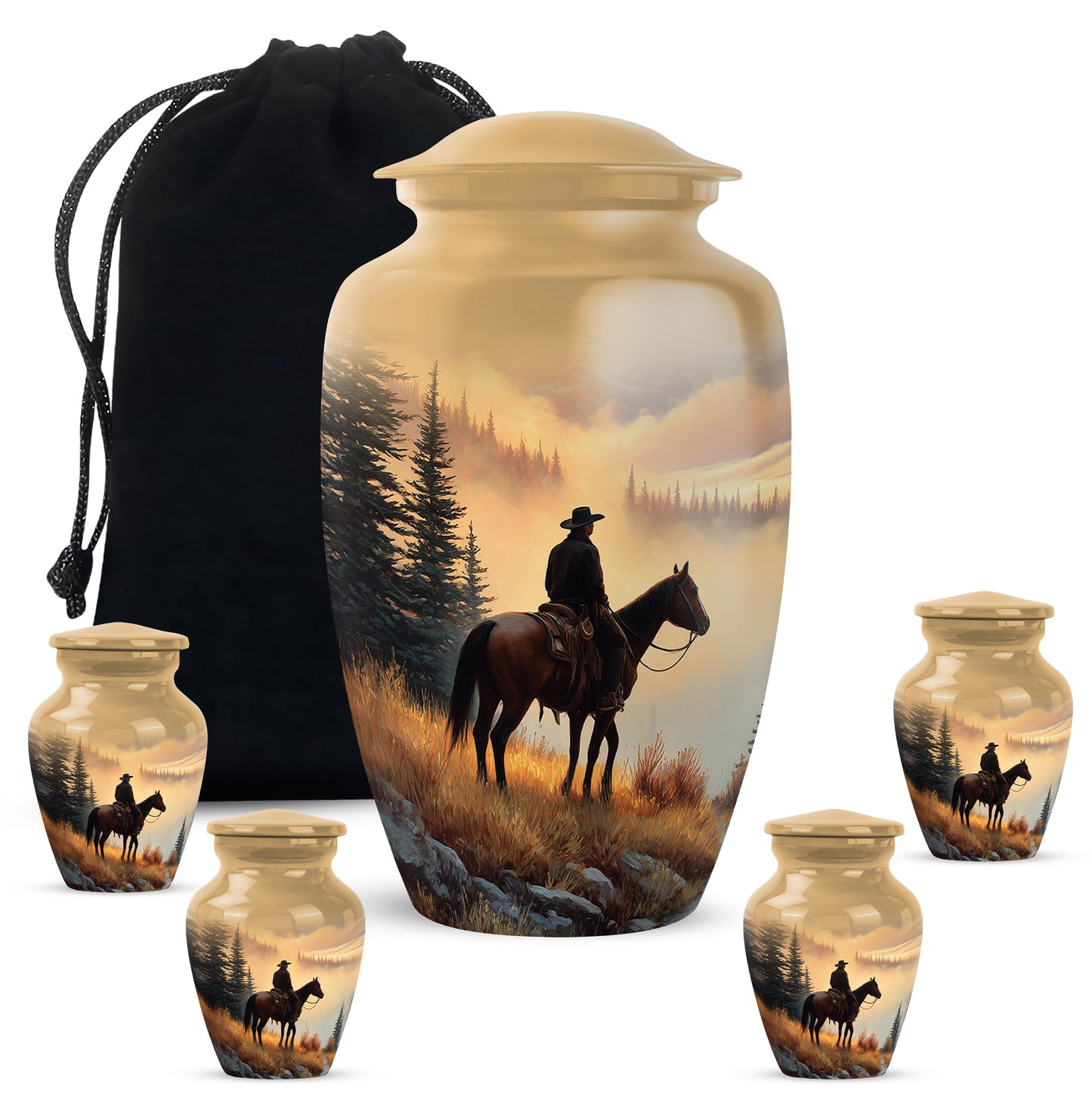 Gilded Gold Cowboy Cremation Urn top-down view of secure threaded lid - timeless cowboy motif etched into premium metal - memorial set with one large and four small urns