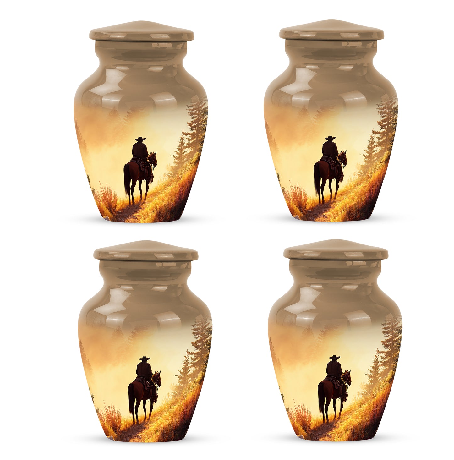 Matte Gold Cowboy Cremation Urn side profile showing urn shape - traditional cowboy engraving with hand-polished finish - 10 inch aluminum urn for cremated remains