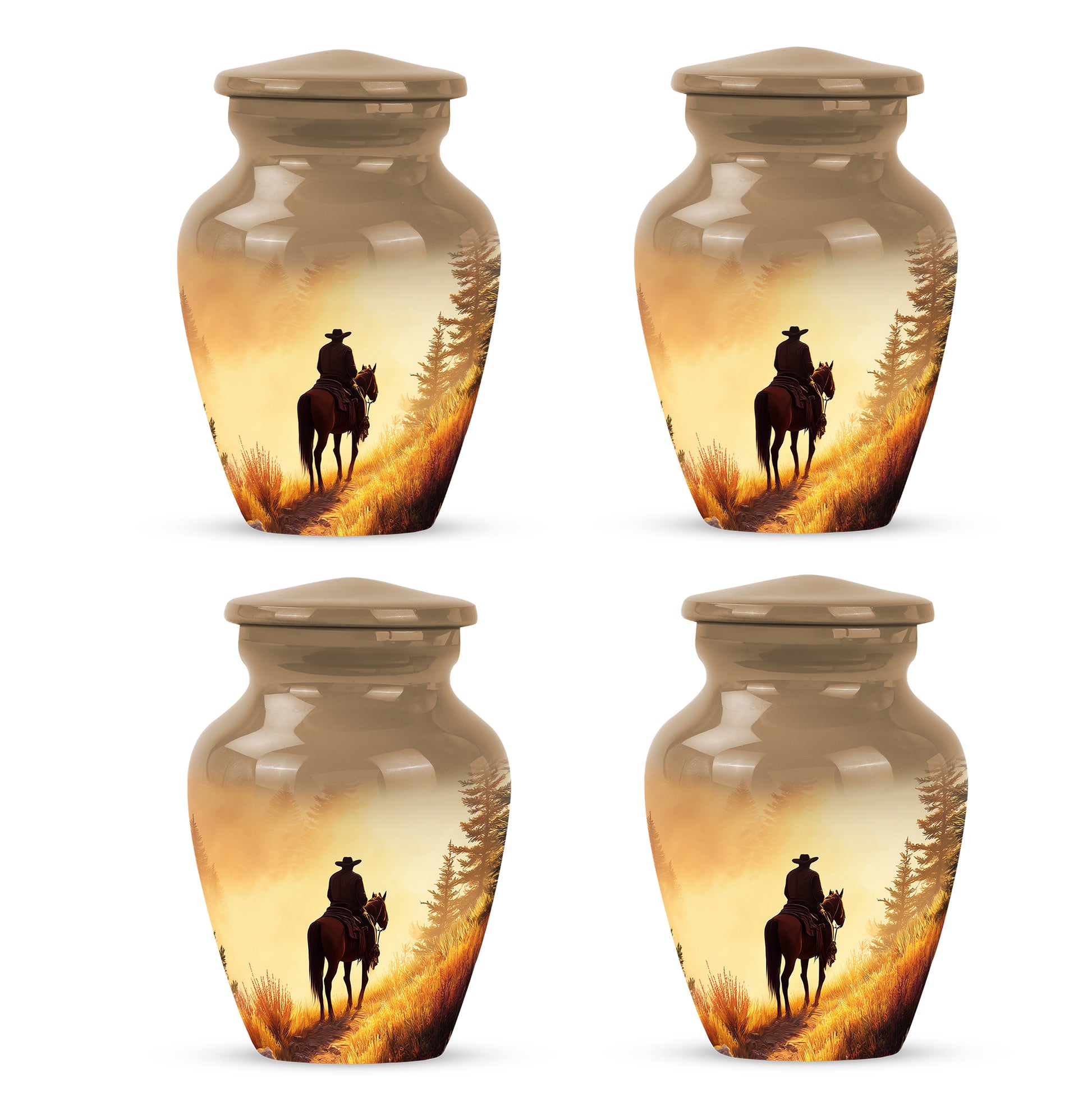 Matte Gold Cowboy Cremation Urn side profile showing urn shape - traditional cowboy engraving with hand-polished finish - 10 inch aluminum urn for cremated remains