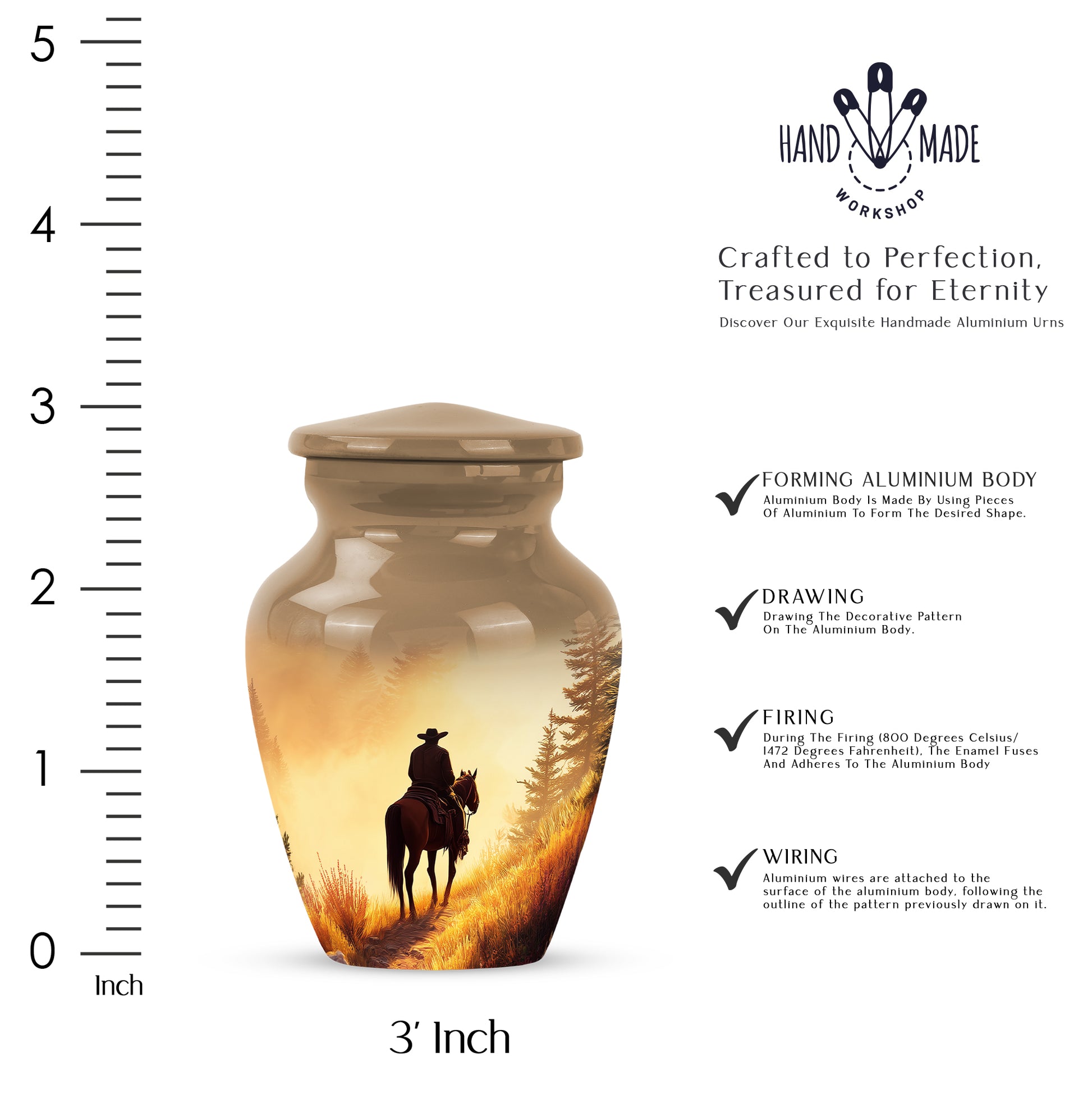 Antique Gold Cowboy Cremation Urn close-up of engraving and surface detail - timeless cowboy motif etched into premium metal - mini keepsake memorial for portion of cremation ashes