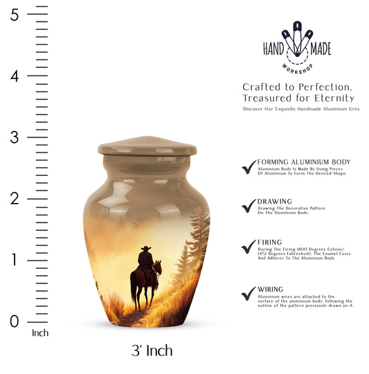 Antique Gold Cowboy Cremation Urn close-up of engraving and surface detail - timeless cowboy motif etched into premium metal - mini keepsake memorial for portion of cremation ashes