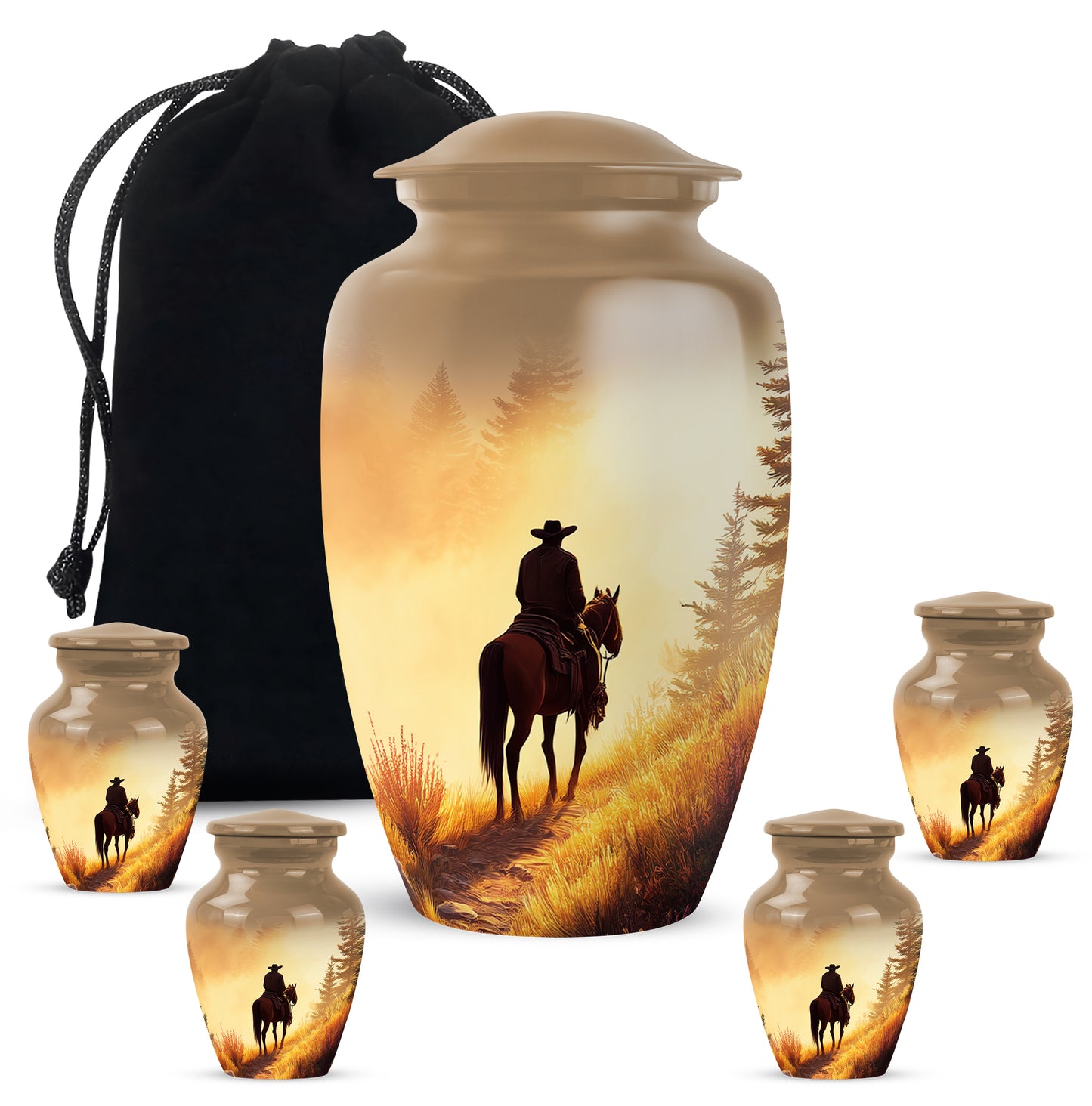 Royal Gold Cowboy Cremation Urn top-down view of secure threaded lid - elegant classic cowboy relief with fine detailing - memorial set with one large and four small urns