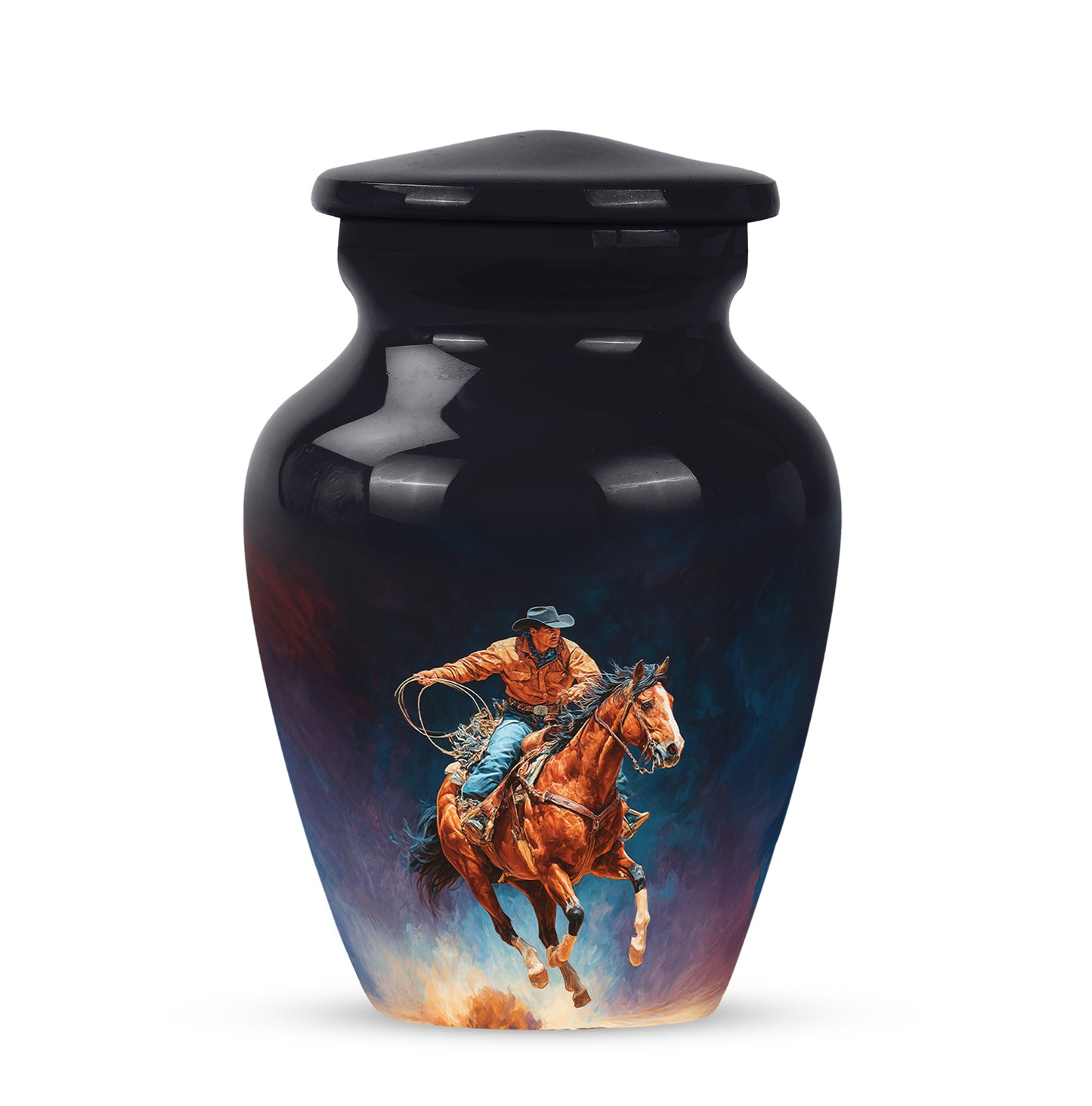 Black Sacred Cowboy Cremation Urns for Human Ashes - 10-inch, 200 cu in - Yatskia