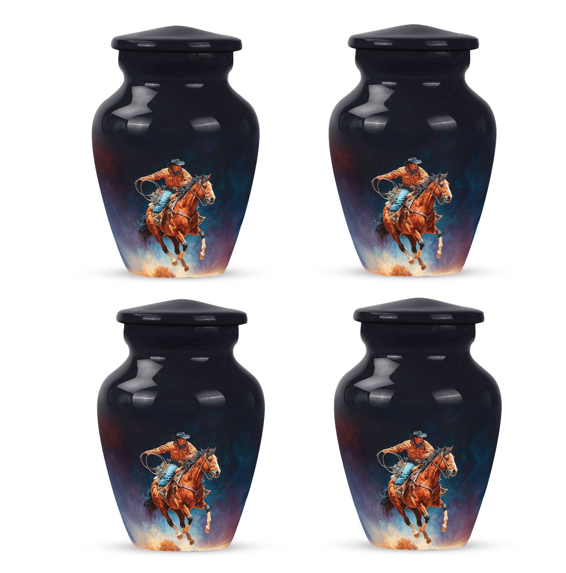 Jet Black Cowboy Cremation Urn side profile showing urn shape - timeless cowboy motif etched into premium metal - 10 inch aluminum urn for cremated remains