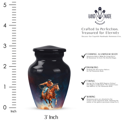 Onyx Black Cowboy Cremation Urn close-up of engraving and surface detail - elegant classic cowboy relief with fine detailing - mini keepsake memorial for portion of cremation ashes