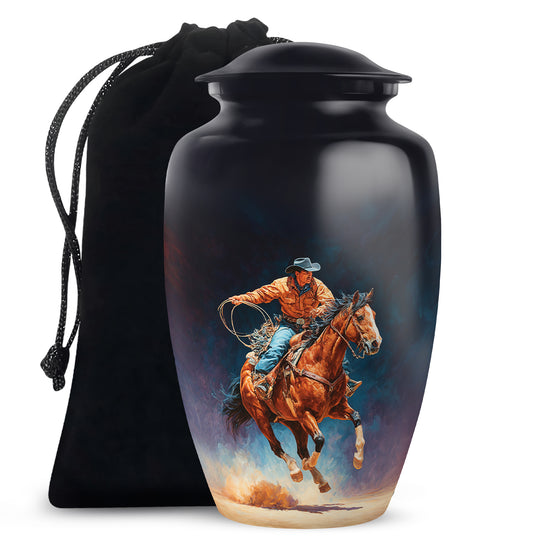 Ebony Cowboy Cremation Urn angled view of lid and engraved motif - timeless cowboy motif etched into premium metal - full-size 10 inch 200 cubic inch adult cremation urn