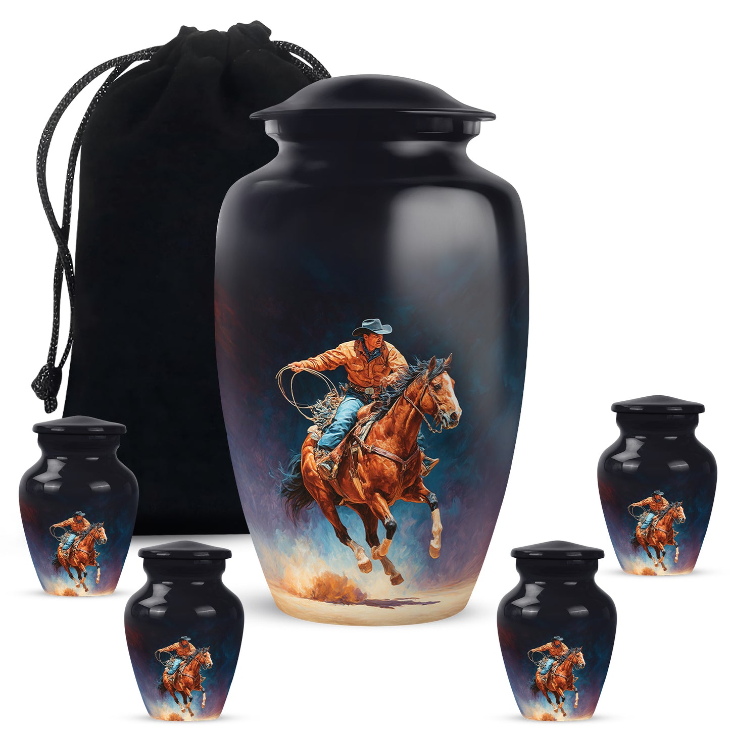 Ebony Cowboy Cremation Urn top-down view of secure threaded lid - classic sculpted cowboy pattern on smooth aluminum - memorial set with one large and four small urns
