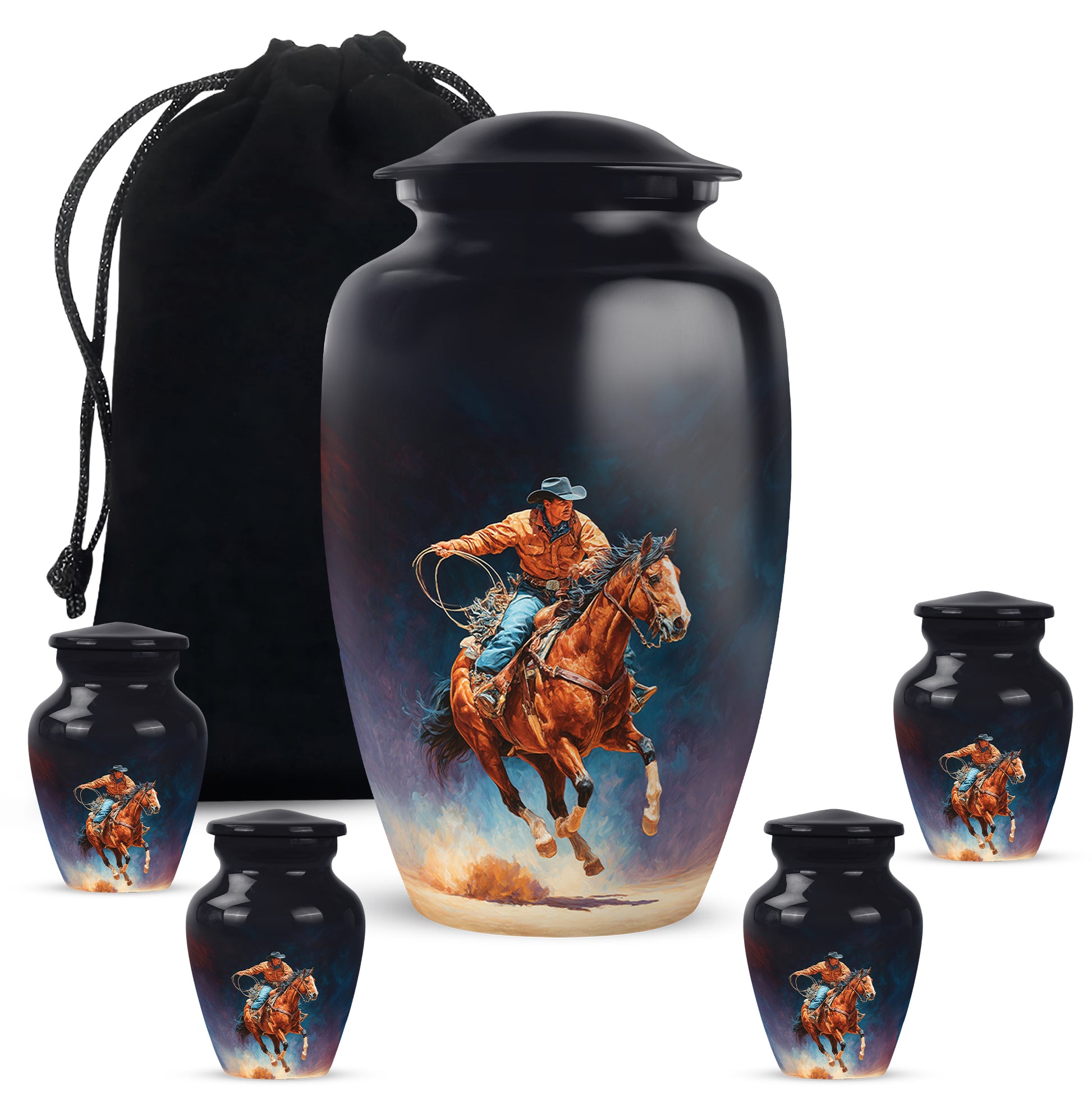 Ebony Cowboy Cremation Urn top-down view of secure threaded lid - classic sculpted cowboy pattern on smooth aluminum - memorial set with one large and four small urns
