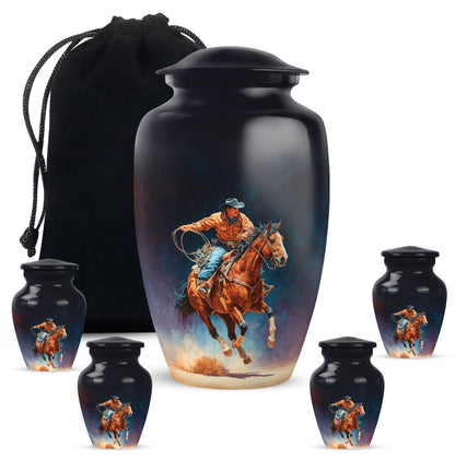 Ebony Cowboy Cremation Urn top-down view of secure threaded lid - classic sculpted cowboy pattern on smooth aluminum - memorial set with one large and four small urns