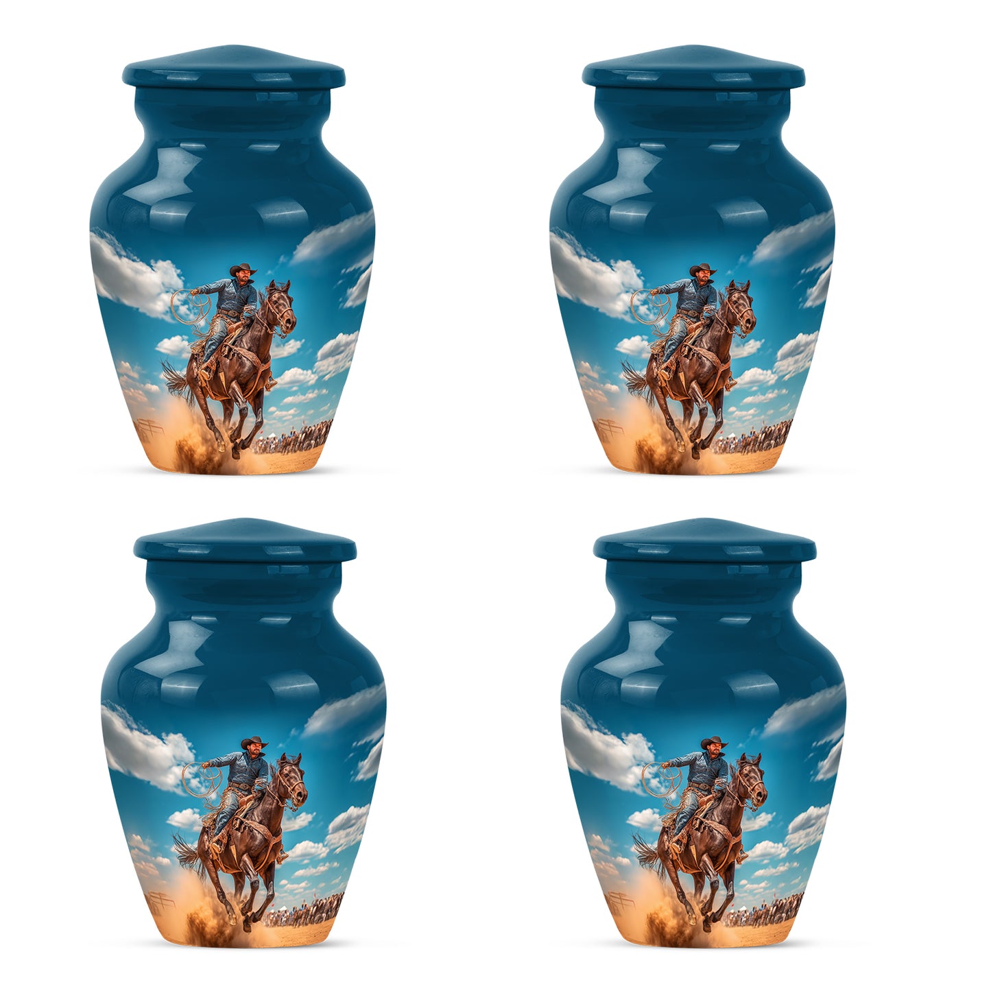 Serene Blue Cowboy Cremation Urn side profile showing urn shape - elegant classic cowboy relief with fine detailing - 10 inch aluminum urn for cremated remains