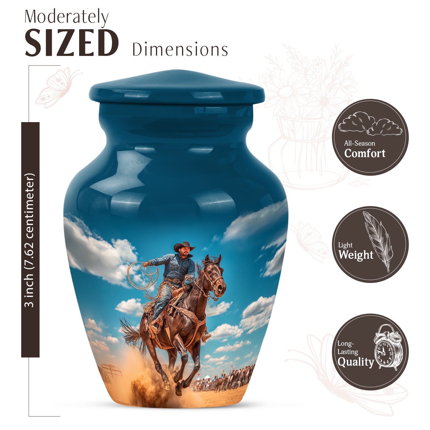 Cobalt Blue Cowboy Cremation Urn close-up of engraving and surface detail - elegant classic cowboy relief with fine detailing - mini keepsake memorial for portion of cremation ashes