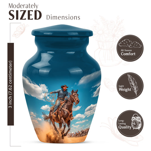 Cobalt Blue Cowboy Cremation Urn close-up of engraving and surface detail - elegant classic cowboy relief with fine detailing - mini keepsake memorial for portion of cremation ashes