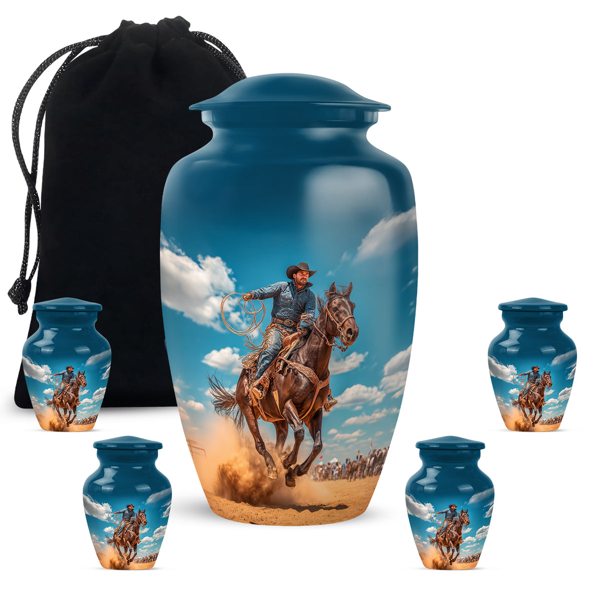 Celestial Blue Cowboy Cremation Urn top-down view of secure threaded lid - timeless cowboy motif etched into premium metal - memorial set with one large and four small urns
