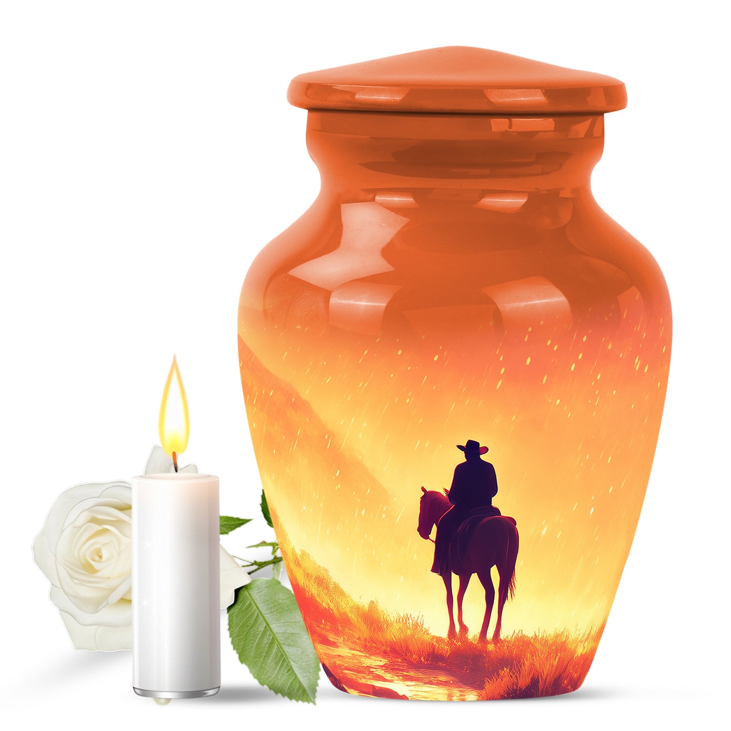 Gold Comforting Cowboy Memorial Urn for Ashes - 10-inch, 200 cu in - Yatskia