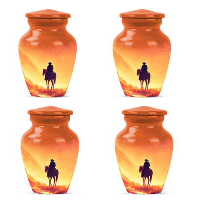 Sunrise Gold Cowboy Cremation Urn side profile showing urn shape - classic sculpted cowboy pattern on smooth aluminum - 10 inch aluminum urn for cremated remains