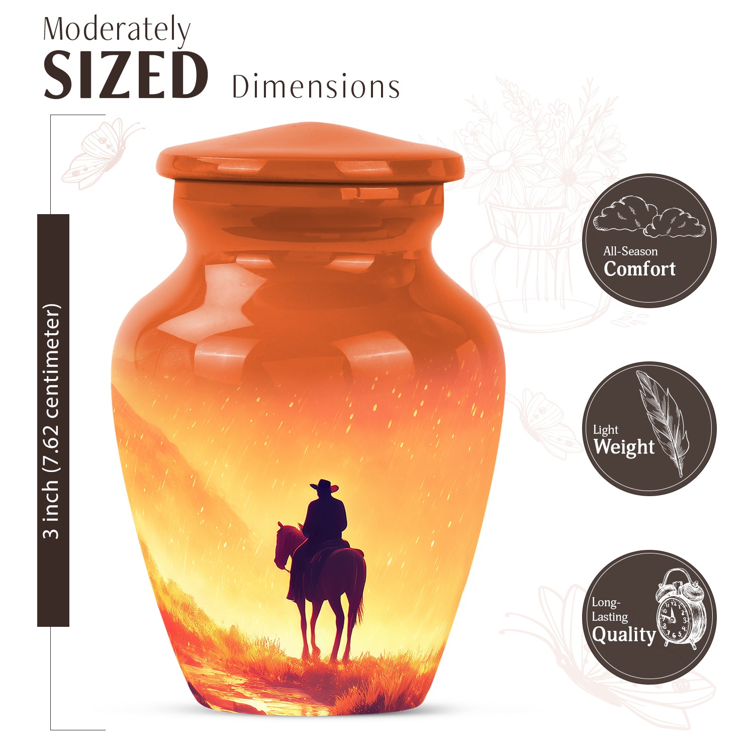 Champagne Gold Cowboy Cremation Urn close-up of engraving and surface detail - classic sculpted cowboy pattern on smooth aluminum - mini keepsake memorial for portion of cremation ashes