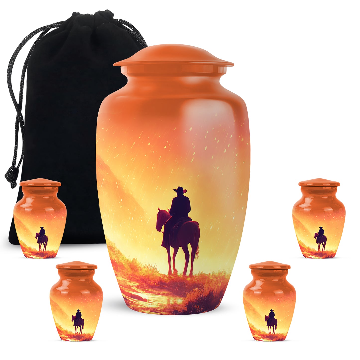 Champagne Gold Cowboy Cremation Urn top-down view of secure threaded lid - timeless cowboy motif etched into premium metal - memorial set with one large and four small urns