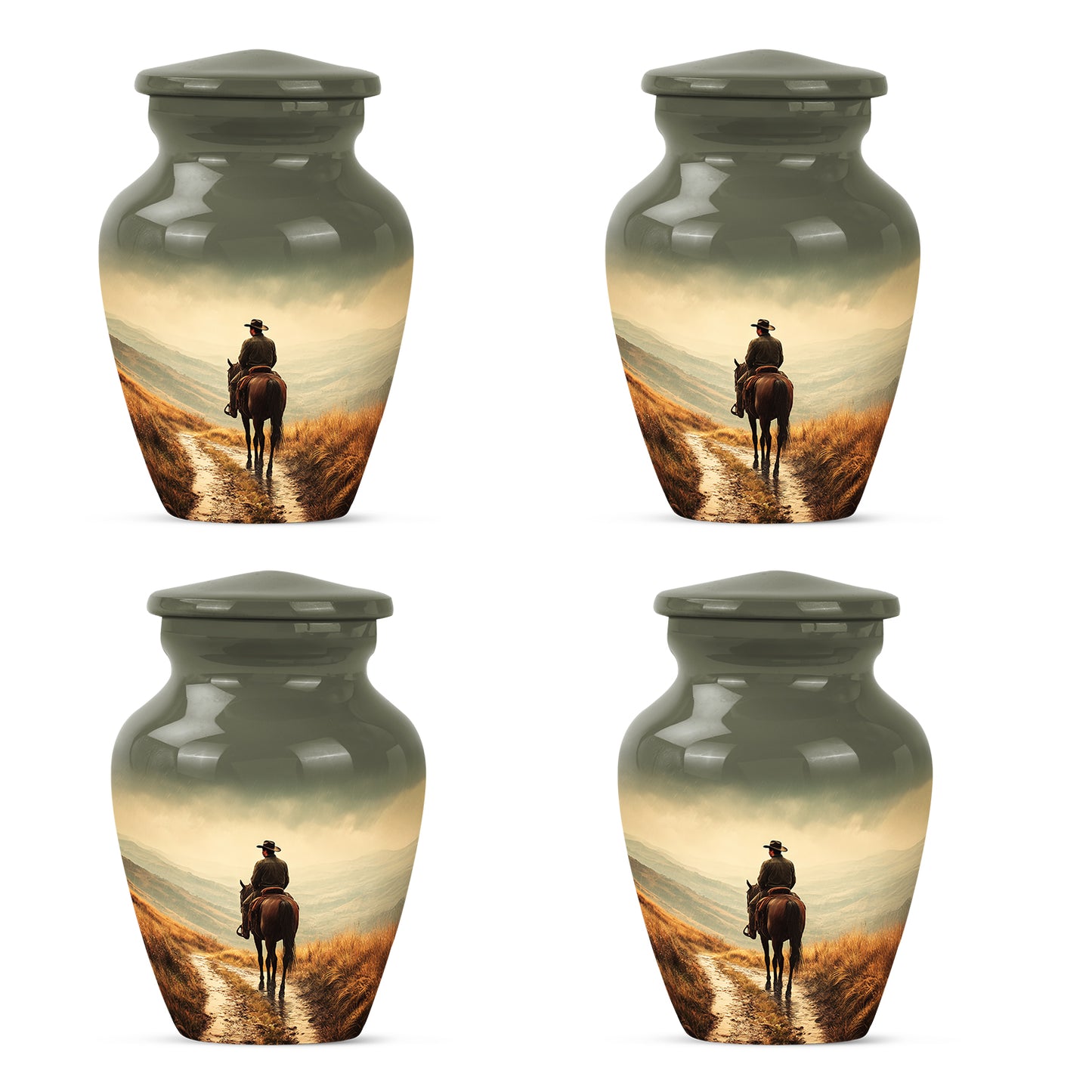 Buttercup Yellow Cowboy Cremation Urn side profile showing urn shape - timeless cowboy motif etched into premium metal - 10 inch aluminum urn for cremated remains