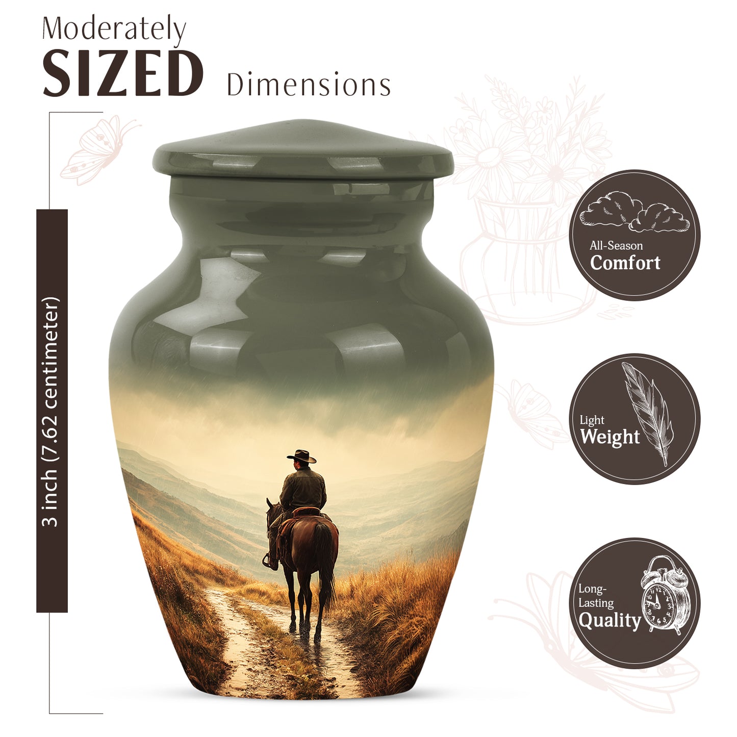 Amber Yellow Cowboy Cremation Urn close-up of engraving and surface detail - classic sculpted cowboy pattern on smooth aluminum - mini keepsake memorial for portion of cremation ashes