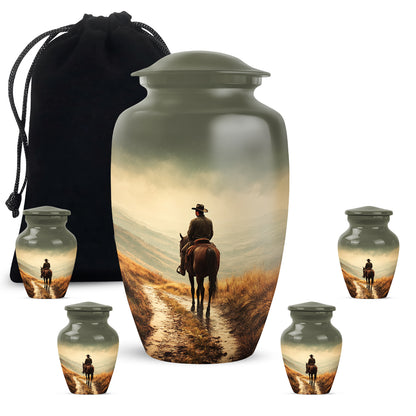 Honey Yellow Cowboy Cremation Urn top-down view of secure threaded lid - elegant classic cowboy relief with fine detailing - memorial set with one large and four small urns