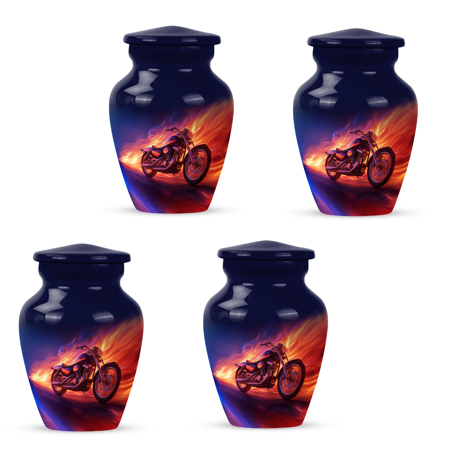 Misty Blue Bike Cremation Urn side profile showing urn shape - timeless bike motif etched into premium metal - 10 inch aluminum urn for cremated remains