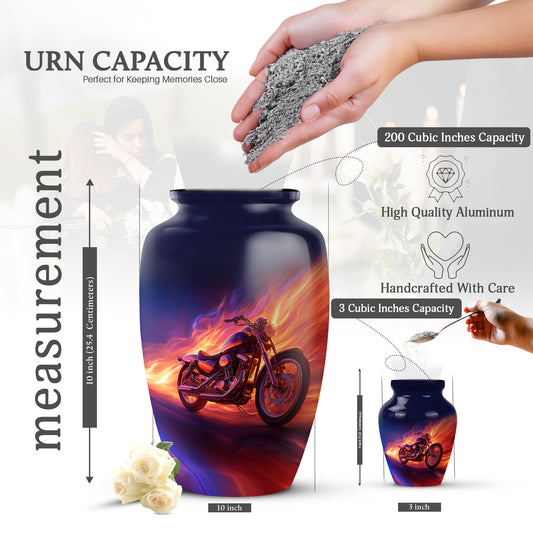 Bright Blue Bike Cremation Urn close-up of engraving and surface detail - traditional bike engraving with hand-polished finish - mini keepsake memorial for portion of cremation ashes