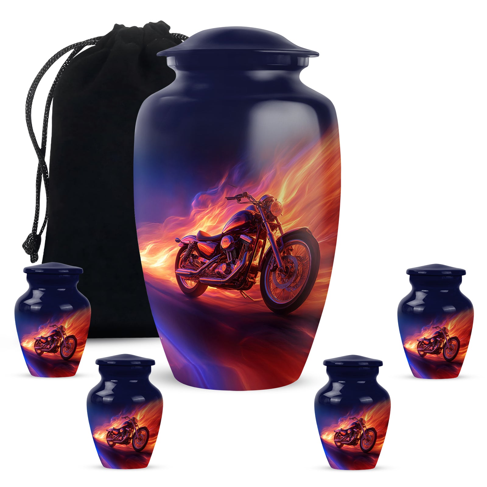 Steel Blue Bike Cremation Urn top-down view of secure threaded lid - elegant classic bike relief with fine detailing - memorial set with one large and four small urns