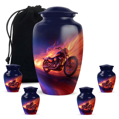 Steel Blue Bike Cremation Urn top-down view of secure threaded lid - elegant classic bike relief with fine detailing - memorial set with one large and four small urns