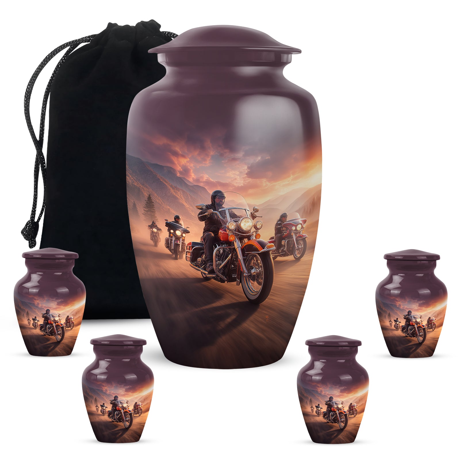 Salmon Pink Bike Cremation Urn top-down view of secure threaded lid - traditional bike engraving with hand-polished finish - memorial set with one large and four small urns