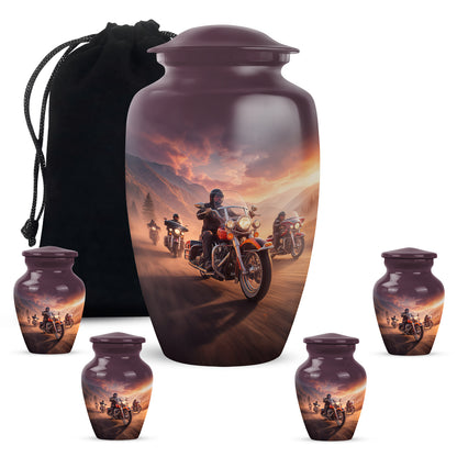 Salmon Pink Bike Cremation Urn top-down view of secure threaded lid - traditional bike engraving with hand-polished finish - memorial set with one large and four small urns