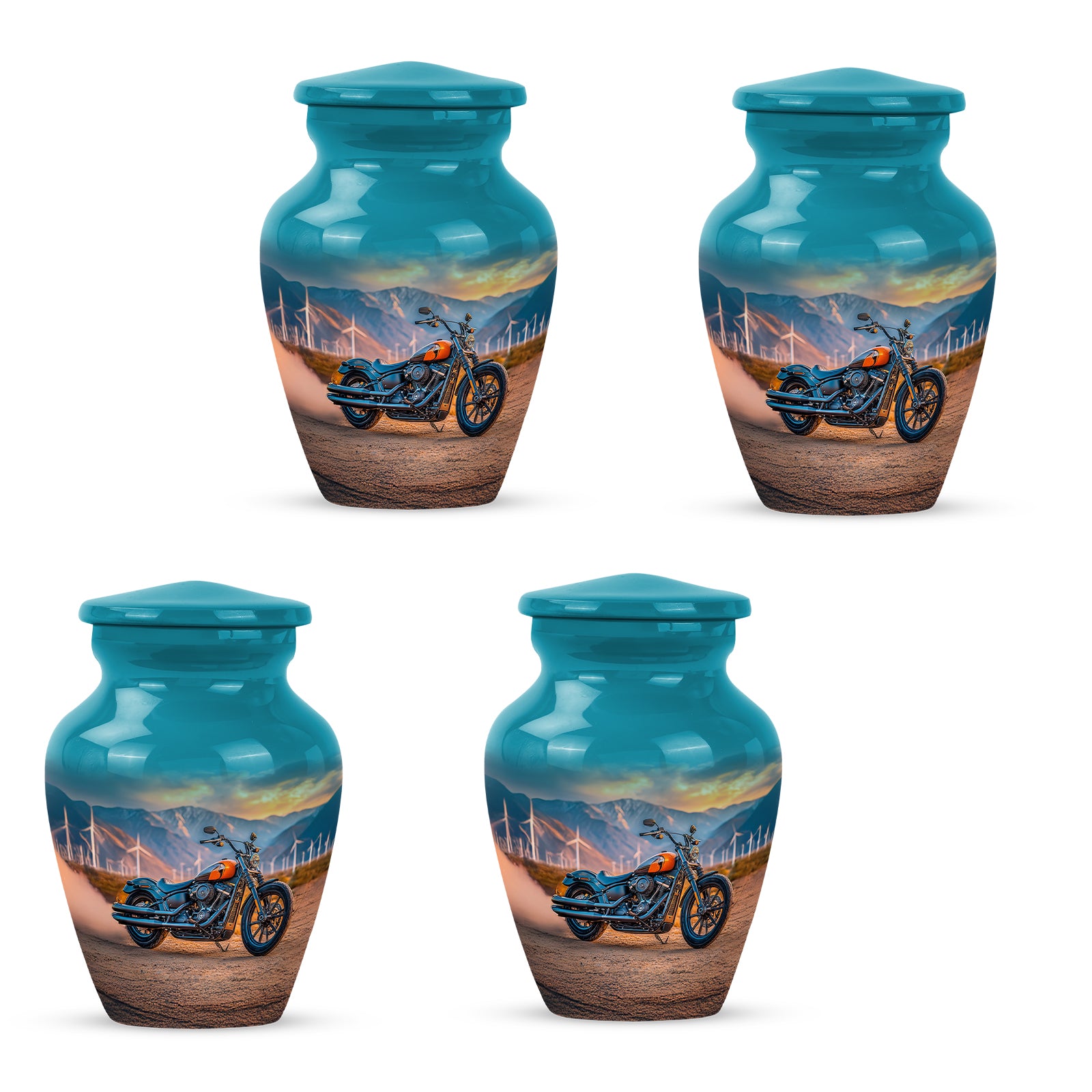 Jewel Teal Bike Cremation Urn side profile showing urn shape - timeless bike motif etched into premium metal - 10 inch aluminum urn for cremated remains