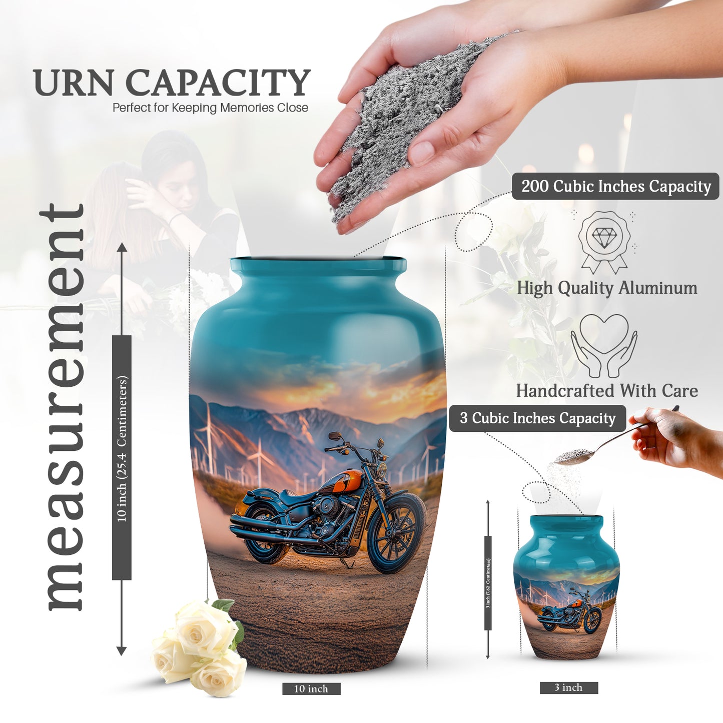 Ocean Teal Bike Cremation Urn close-up of engraving and surface detail - classic sculpted bike pattern on smooth aluminum - mini keepsake memorial for portion of cremation ashes