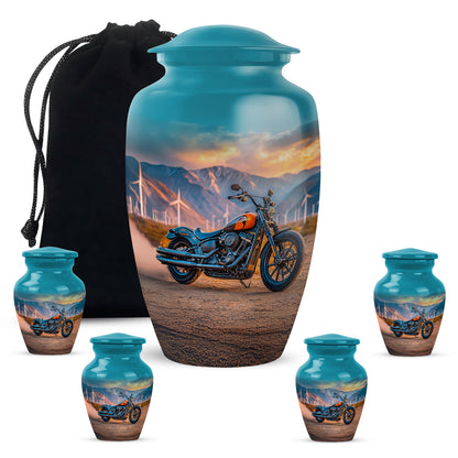 Mystic Teal Bike Cremation Urn top-down view of secure threaded lid - traditional bike engraving with hand-polished finish - memorial set with one large and four small urns